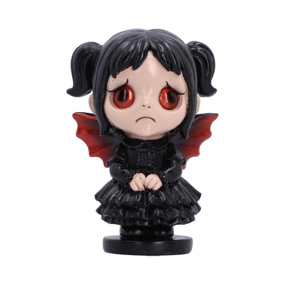 Spirit Fairy Mortina figurine with black hair, red eyes and red-accented wings, wearing a black ruffled dress with clasped hands and a frown.