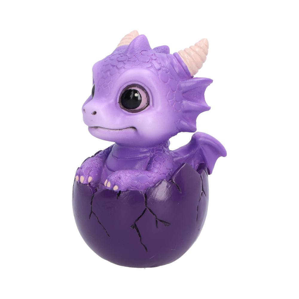 Shellbound purple baby dragon figurine with large black eyes, cream horns and tiny wings, emerging from a cracked purple egg.