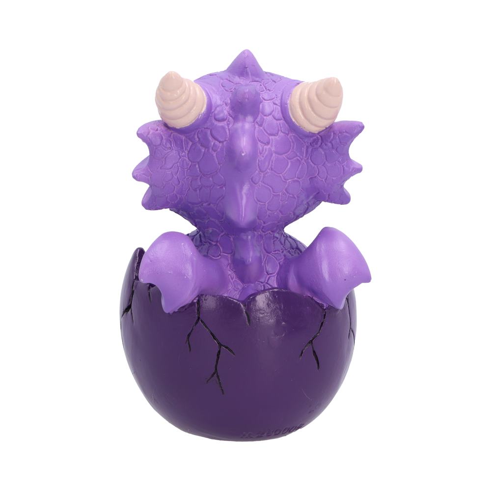 Shellbound purple baby dragon figurine with large black eyes, cream horns and tiny wings, emerging from a cracked purple egg.