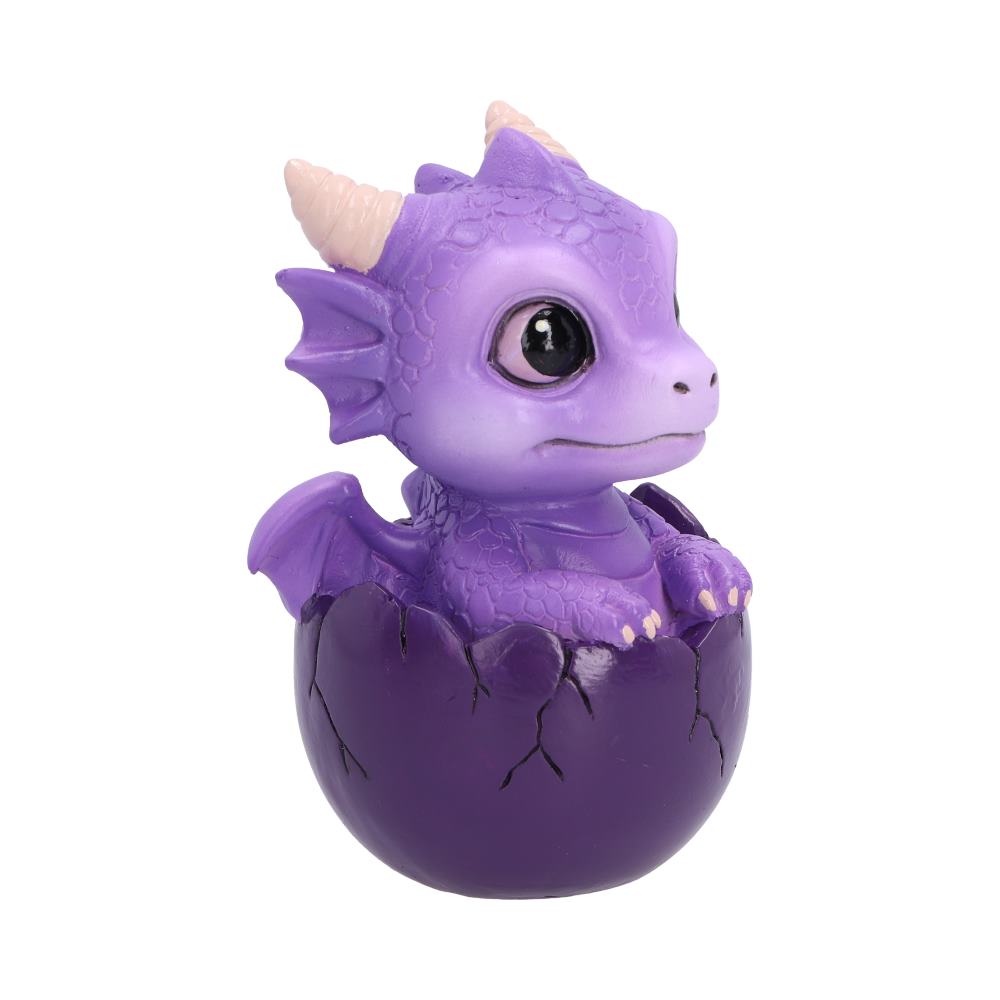 Shellbound purple baby dragon figurine with large black eyes, cream horns and tiny wings, emerging from a cracked purple egg.