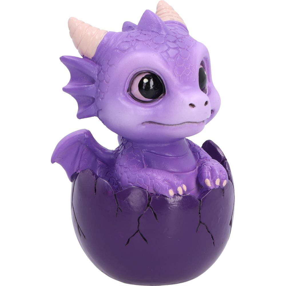 Shellbound purple baby dragon figurine with large black eyes, cream horns and tiny wings, emerging from a cracked purple egg.