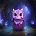 Shellbound purple baby dragon figurine with large black eyes, cream horns and tiny wings, emerging from a cracked purple egg.