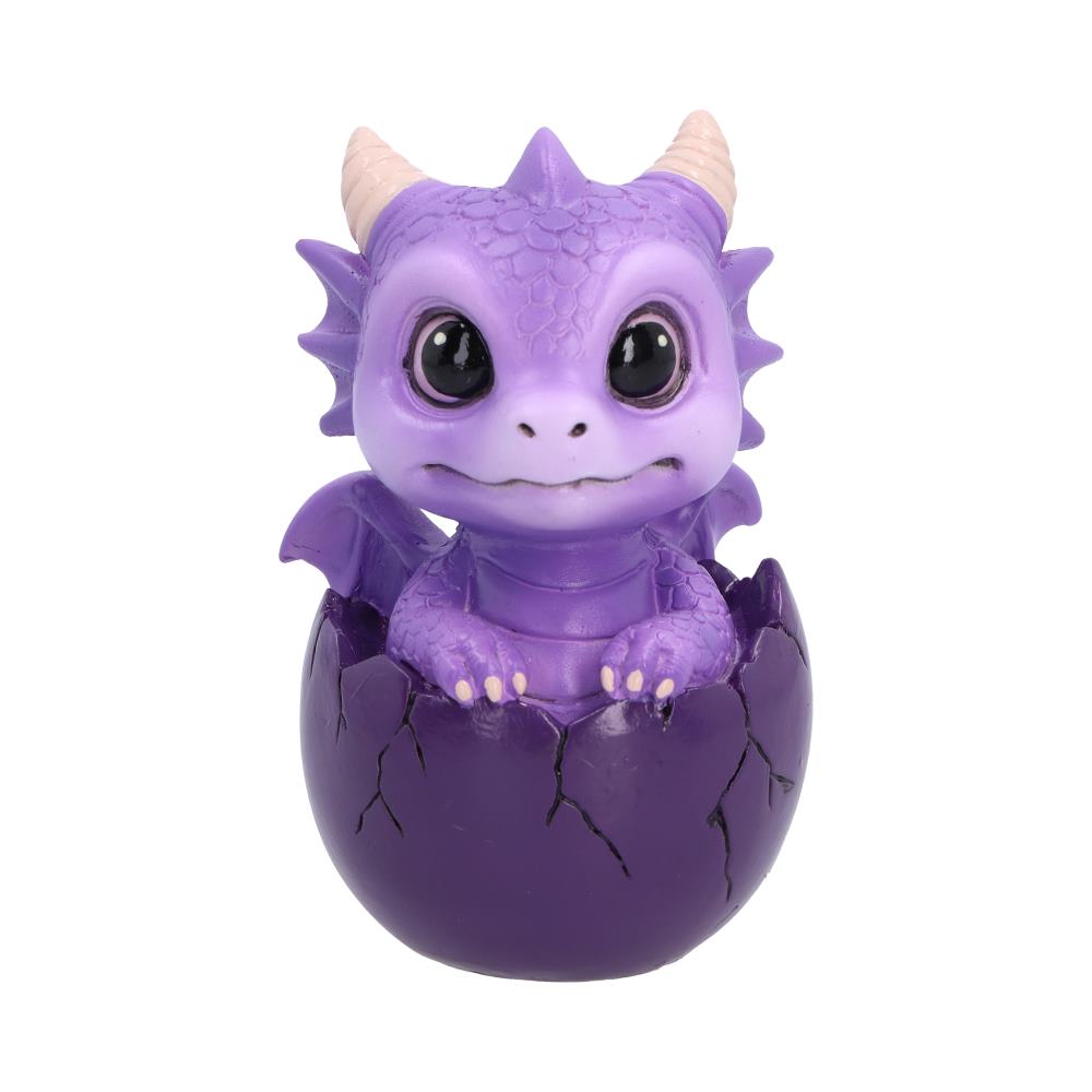Shellbound purple baby dragon figurine with large black eyes, cream horns and tiny wings, emerging from a cracked purple egg.